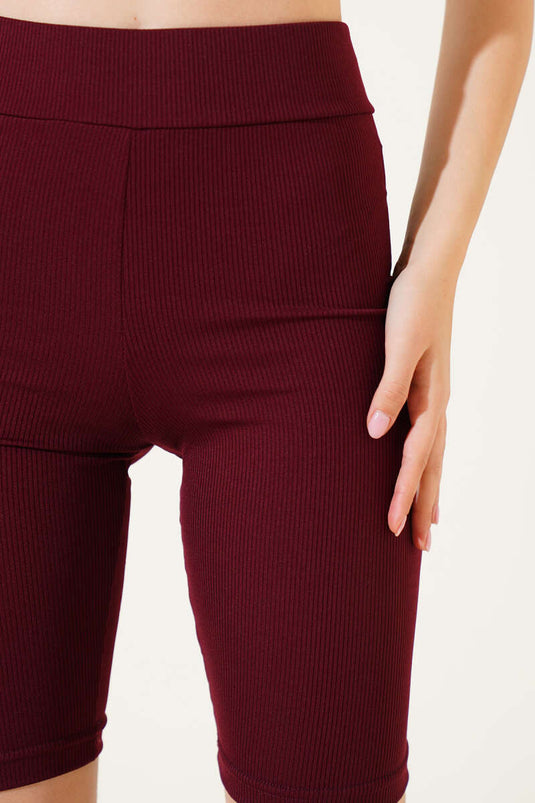 Leggings courts côtelés à taille élastique bordeaux