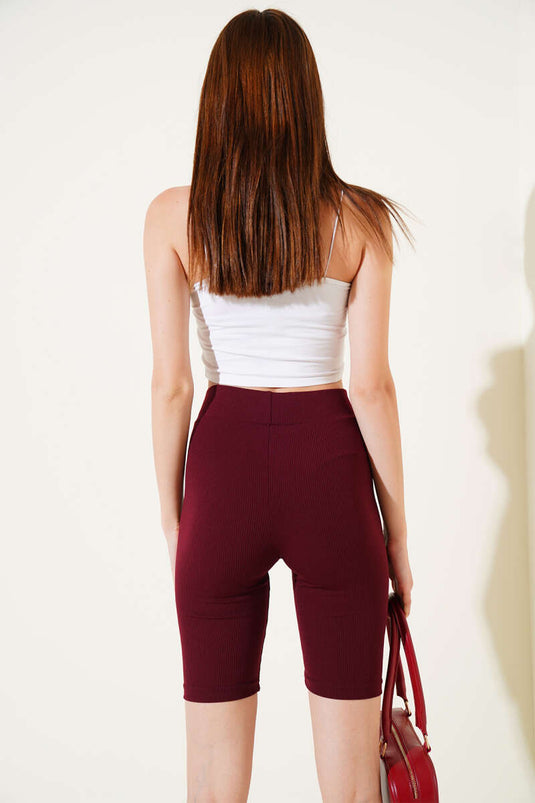 Leggings courts côtelés à taille élastique bordeaux