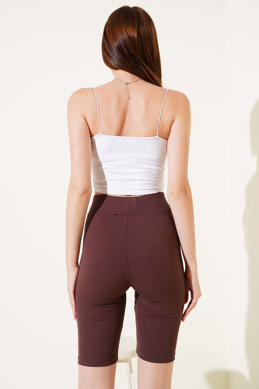 Collants courts côtelés à taille élastique marron