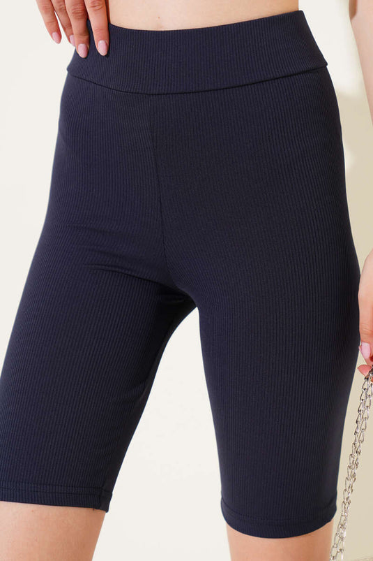 Leggings courts côtelés à taille élastique bleu marine