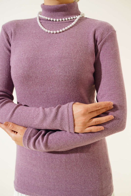 Ribbed Turtleneck Bodysuit in Lilac
