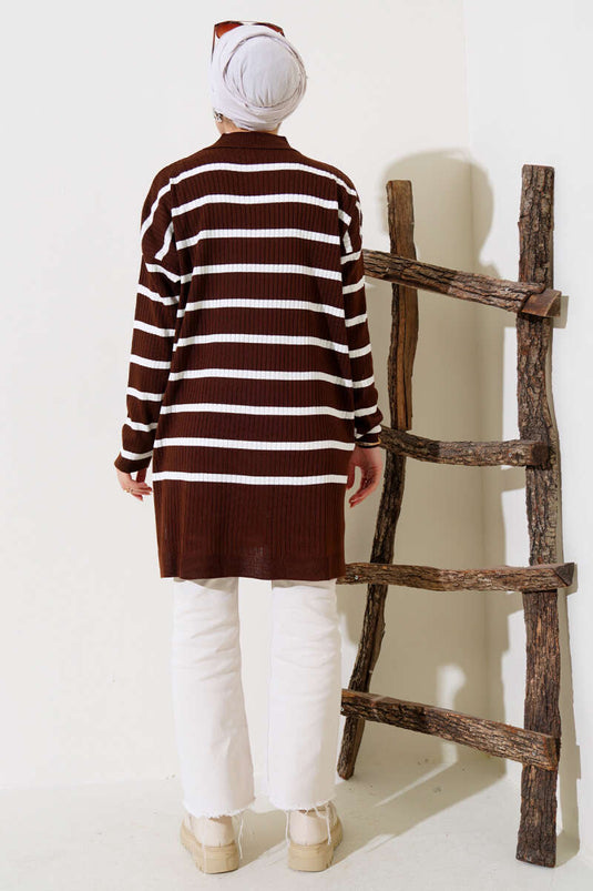 Fitilli Çizgili Salaş Triko Tunik Kahve