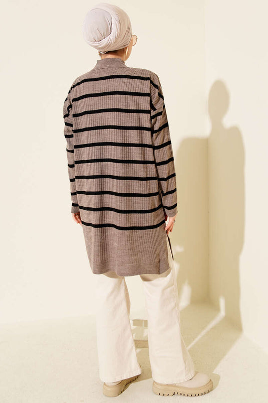 Fitilli Çizgili Salaş Triko Tunik Vizon