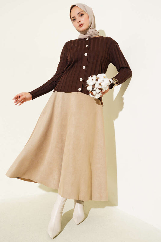 Ribbed Buttoned Knit Cardigan Brown