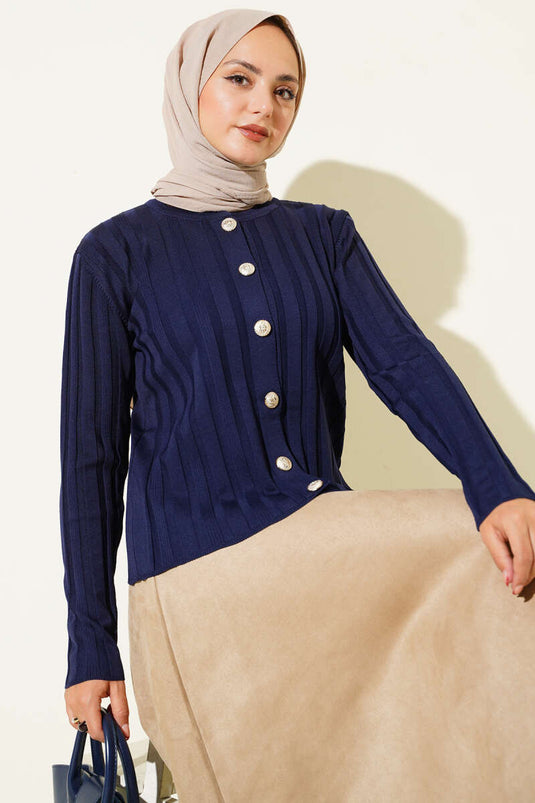 Ribbed Buttoned Knit Cardigan Navy Blue