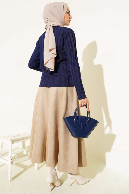 Ribbed Buttoned Knit Cardigan Navy Blue