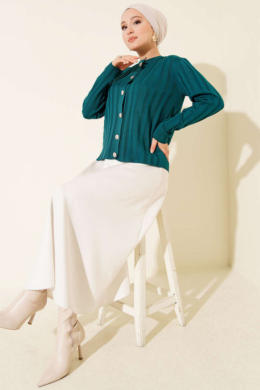 Corduroy Buttoned Knit Cardigan Petrol Green