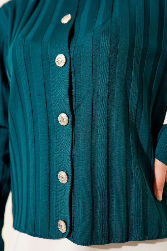 Corduroy Buttoned Knit Cardigan Petrol Green