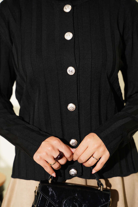 Geribbeld, geknoopt gebreid vest zwart