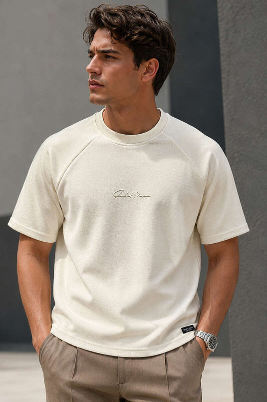 Fitilli Enjeksiyon Baskılı Erkek T-shirt Krem
