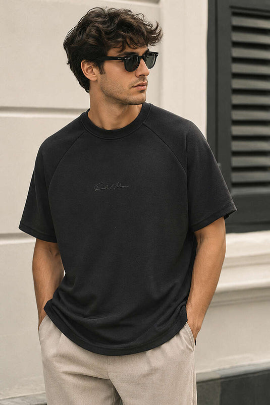 Fitilli Enjeksiyon Baskılı Erkek T-shirt Siyah