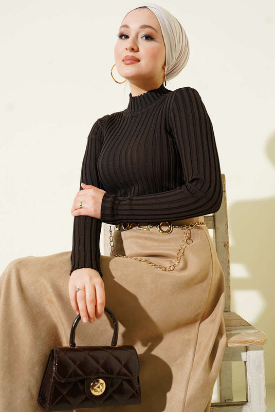 Pull En Maille Extensible Ajusté Couleur Café Épicé