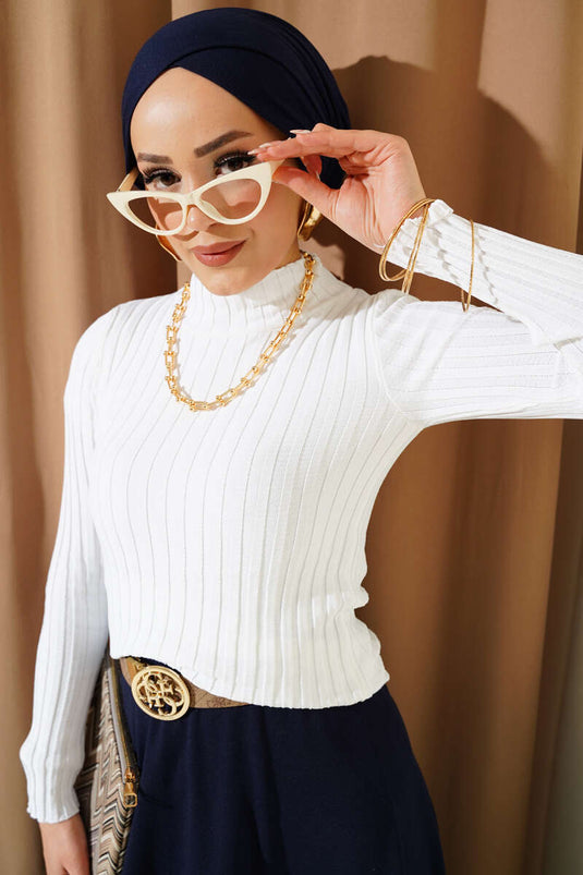 Elastic Ribbed Knit Sweater White