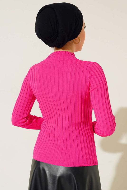 سترة محبوكة مرنة مضلعة باللون الفوشيا