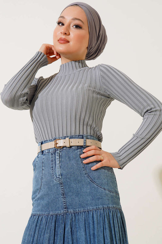 سترة محبوكة مرنة مضلعة باللون الرمادي