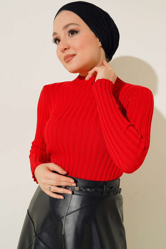 Fitilli Esnek Triko Kazak Kırmızı