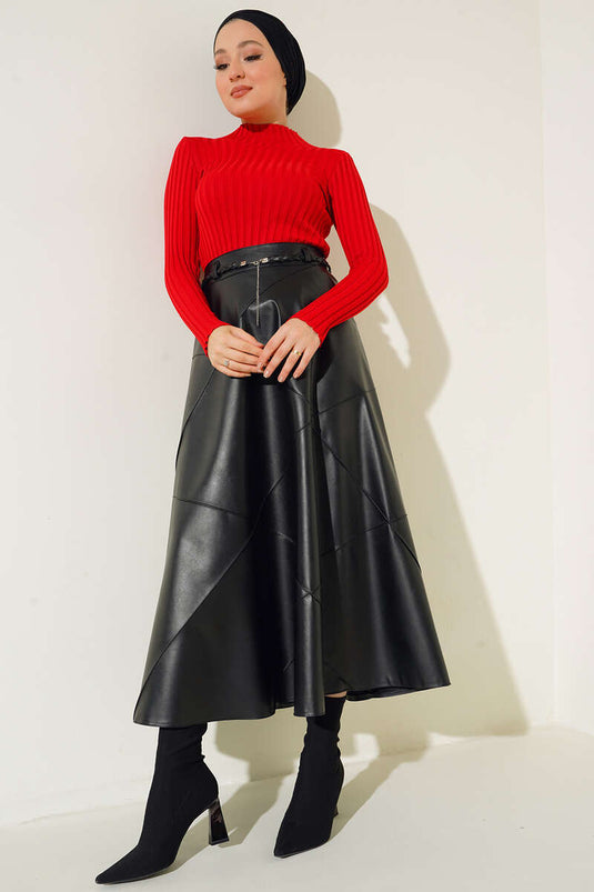 سترة محبوكة مرنة مضلعة باللون الأحمر