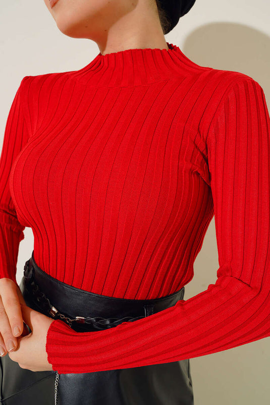 Fitilli Esnek Triko Kazak Kırmızı