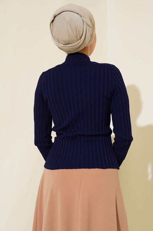 Fitilli Esnek Triko Kazak Lacivert