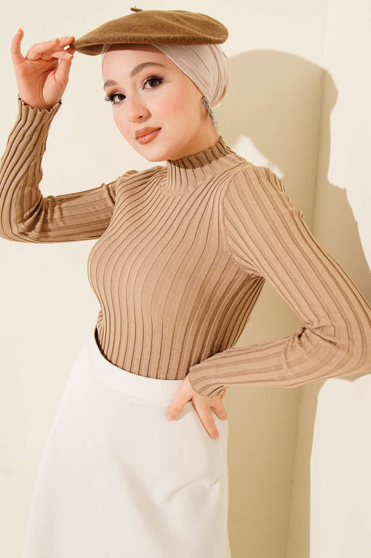 Elastic Ribbed Knit Sweater Latte