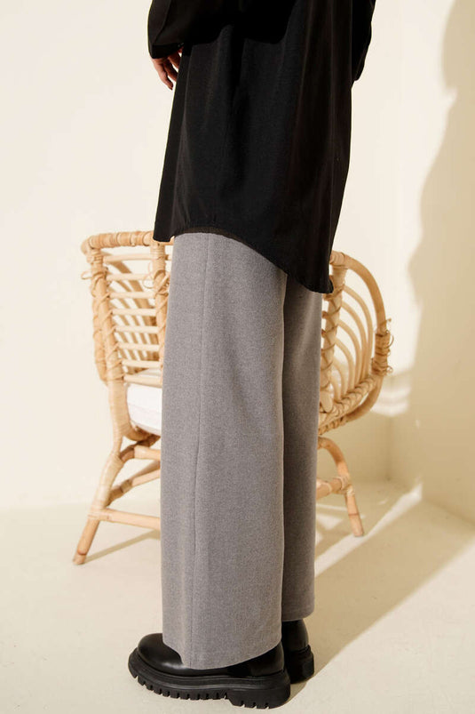 Fitilli Geniş Paça Kaşe Pantolon Gri