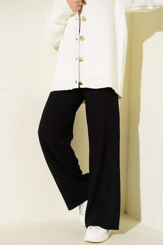 Fitilli Geniş Paça Triko Pantolon Siyah