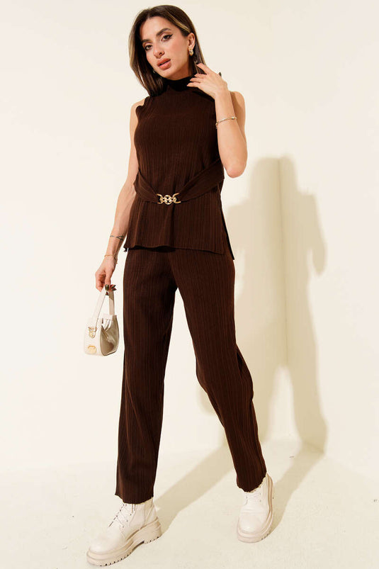 Ribbed Gold Brooch Detailed Two-Piece Knit Set in Dark Brown