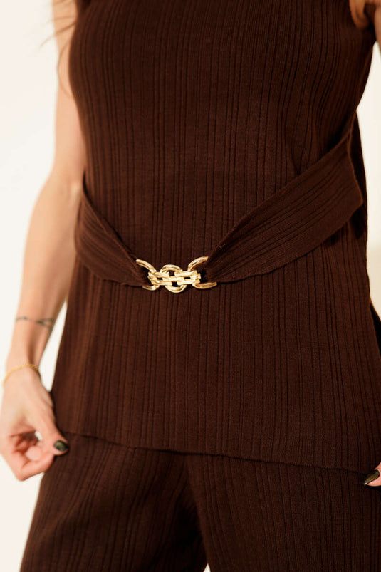 Ribbed Gold Brooch Detailed Two-Piece Knit Set in Dark Brown