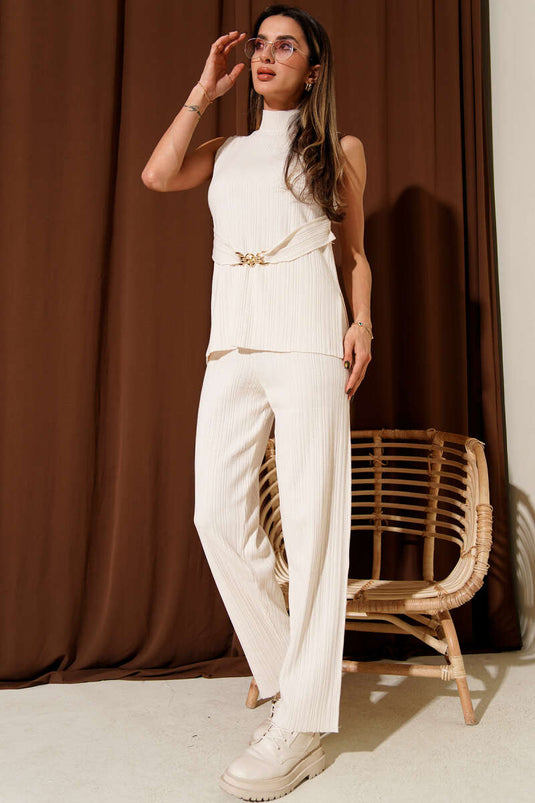 Ribbed Gold Brooch Detail Two-Piece Knit Set, Beige