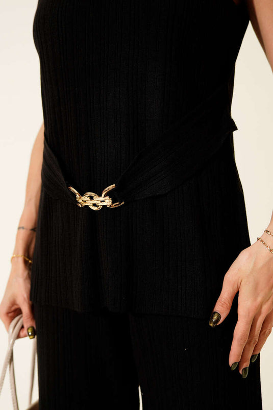 Fitilli Gold Broş Detaylı Triko İkili Takım Siyah