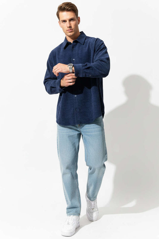 Chemise en velours côtelé pour homme, bleu marine