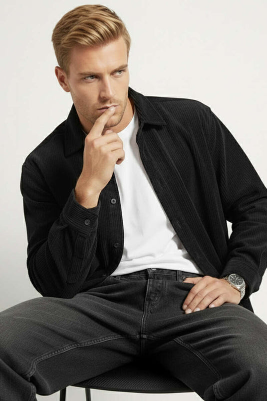 Fitilli Kadife Erkek Gömlek Siyah