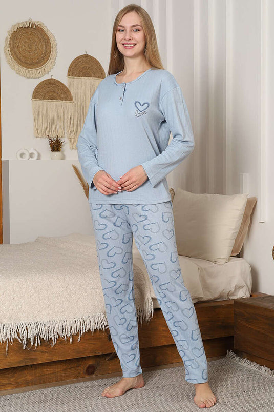 Fitilli Kalp Nakışlı Uzun Kol Pijama Takımı Bebe Mavi