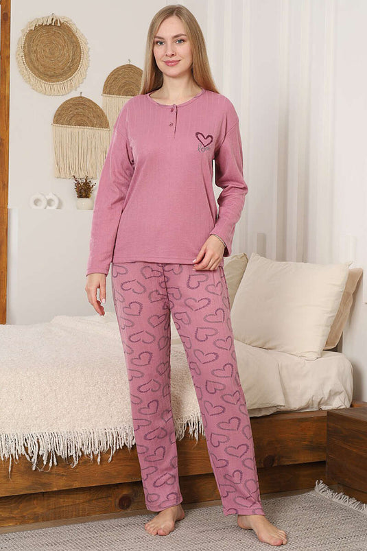 Fitilli Kalp Nakışlı Uzun Kol Pijama Takımı Gül Kurusu