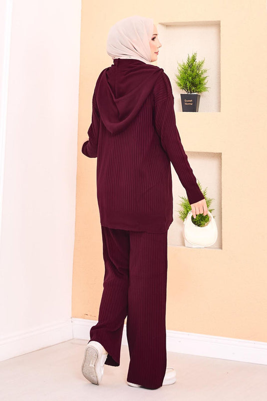 Ribbed Hooded Pocket Knitwear Hijab Suit Claret Red