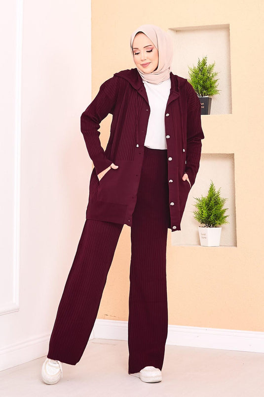 Ribbed Hooded Pocket Knitwear Hijab Suit Claret Red