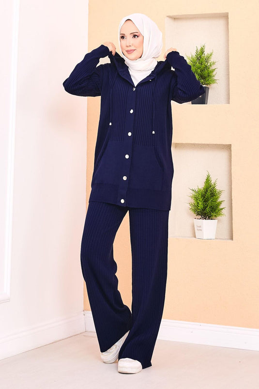 Ribbed Hooded Pocket Knitwear Hijab Suit Navy Blue