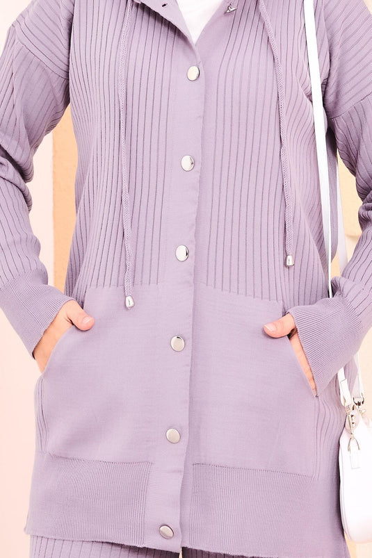 بدلة حجاب محبوكة بجيوب وغطاء رأس مضلعة بلون أرجواني