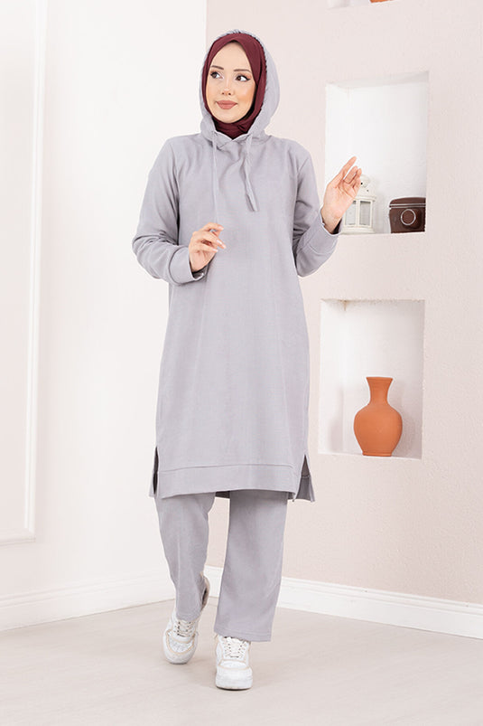 Ensemble deux pièces hijab à capuche côtelé gris