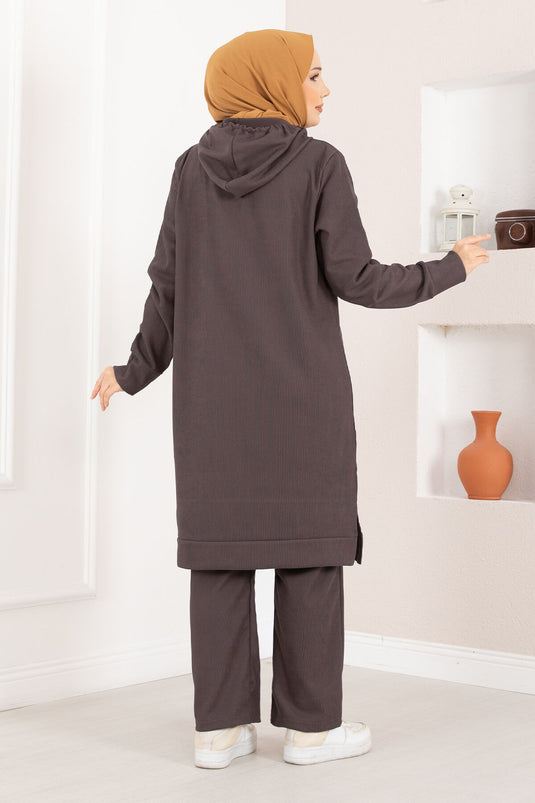 Ensemble deux pièces hijab à capuche côtelé couleur café