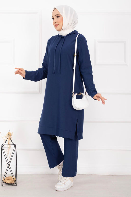 Fitilli Kapüşonlu Tesettür İkili Takım Saks