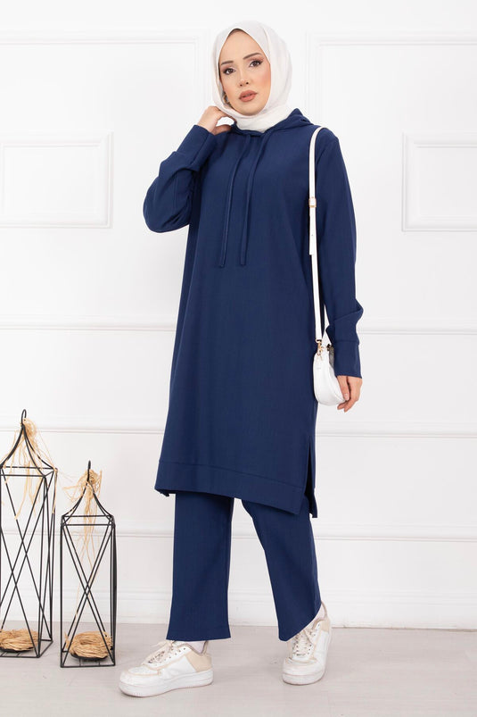 Fitilli Kapüşonlu Tesettür İkili Takım Saks