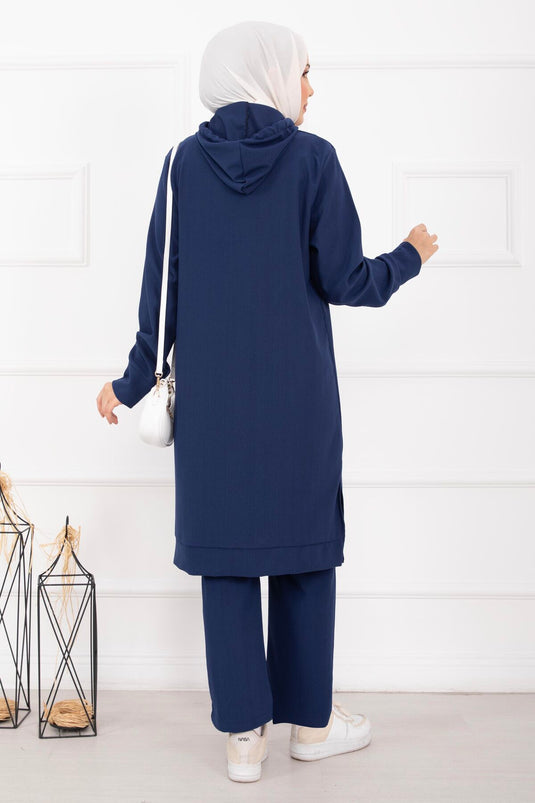 Fitilli Kapüşonlu Tesettür İkili Takım Saks