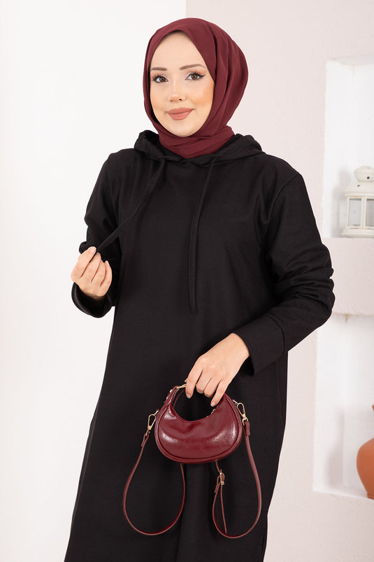 Fitilli Kapüşonlu Tesettür İkili Takım Siyah