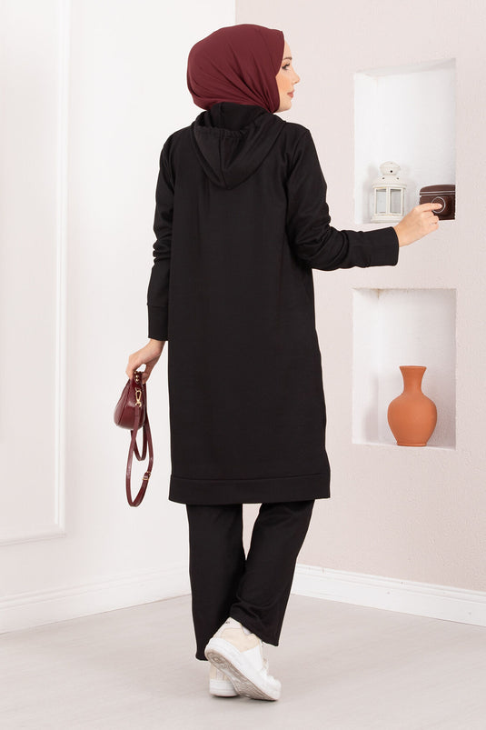 Ribbed Hooded Hijab Two-Piece Set, Black