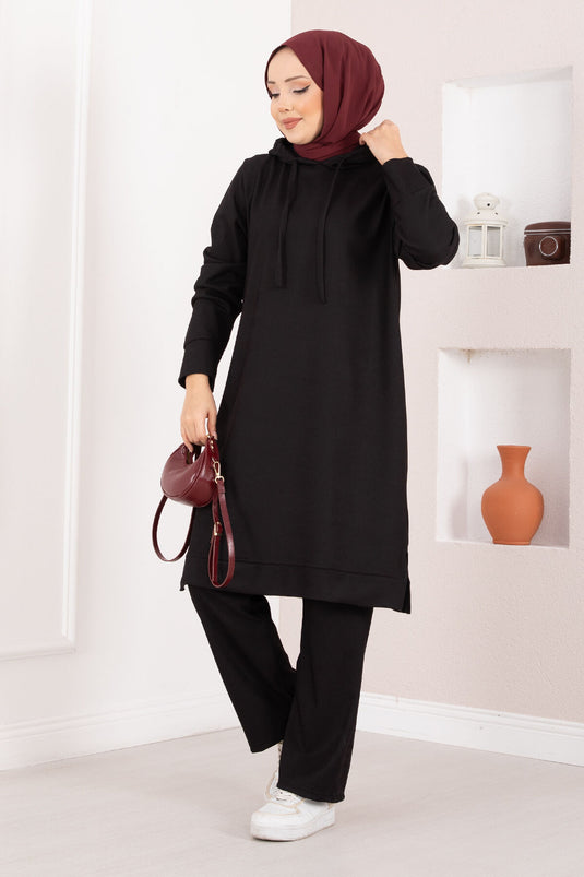 Ribbed Hooded Hijab Two-Piece Set, Black