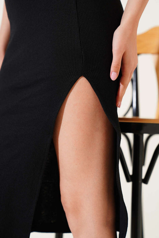 Fitilli Kolsuz Yırtmaçlı Midi Elbise Siyah