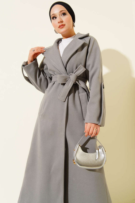 معطف كشمير مخملي بحزام رمادي