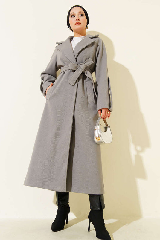 معطف كشمير مخملي بحزام رمادي