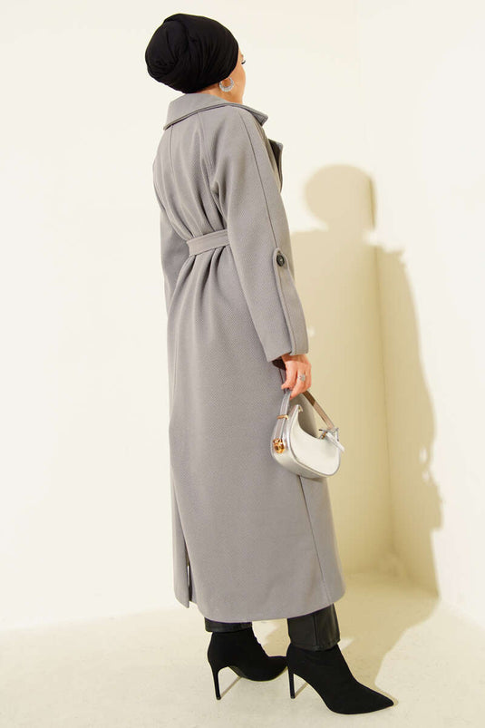 معطف كشمير مخملي بحزام رمادي